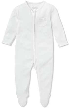 MORI Baby Boys and Girls Clever Sleepsuit in White - Unisex Two Way Zipped Organic Pyjama - Comfortable Toddler Footed Nightwear - 0-3 Months