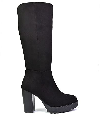 ESSEX GLAM Womens Knee High Boots Ladies Platform Block Heel Long Biker Style Winter Shoes Size 3-8