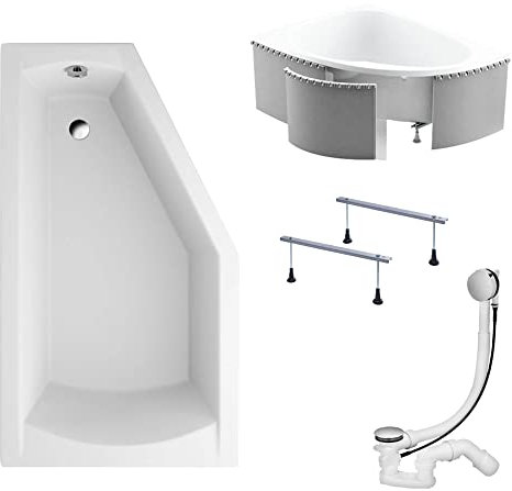 KOLMAN Badewanne SELENA Eckbadewanne 150x90 Links mit Styroporverkleidung, Ablaufgarnitur und Füßen Komplettset 4in1 Premium Original Acryl Wanne Siphon