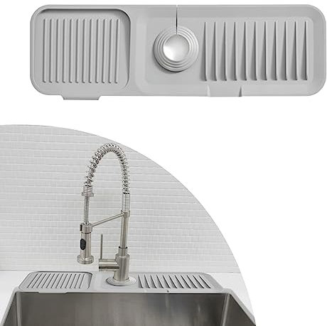 NiCoLa Silicone Faucet Handle Drip Catcher Tray Kitchen Sink Splash Guard, Automatic Drainage Silicone Faucet Mat for Kitchen Counter, Wall and Tap Area (Light Grey)