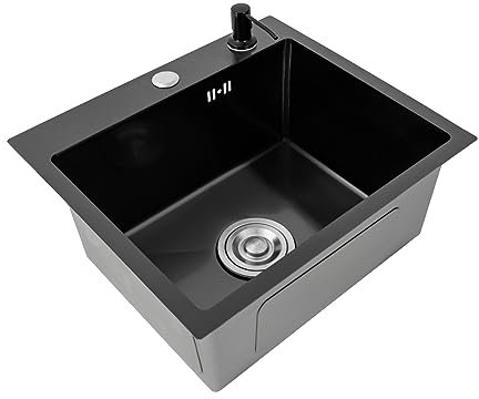 Kit de fregadero, fregadero de acero inoxidable negro mate, 45 x 40 cm, fregadero de cocina empotrable con dispensador de jabón y bajante (A-1)