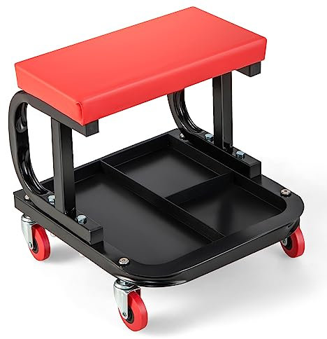 GiantexUK Rolling Mechanic Stool, Padded Creeper Trolley Seat with 4 Swivel Casters and Segmented Tool Tray Storage, Heavy Duty Workshop Stool for Garage Auto Repair Shop, 150 kg Load Capacity