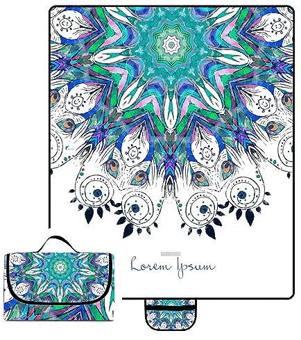 Picknickdecke 150x150cm,XXL Picknickdecke mit Wasserdichter Unterseite,Outdoor Stranddecke Sandfrei,mit Tragegriff Faltbare Picnic Blanket für Camping,Strand,Familie,Konzerte Buntes Federn-Mandala