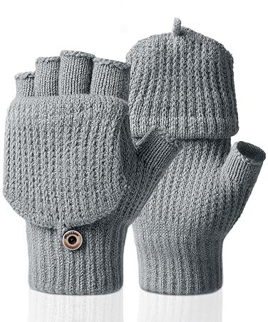 Kiiwah Fingerlose Handschuhe Fäustlinge für Herren Damen, Warme Winter Handschuhe Convertible Halbfinger Flip Top Fäustlinge Touchscreen Fotografie Handschuhe (Gedreht Grau)