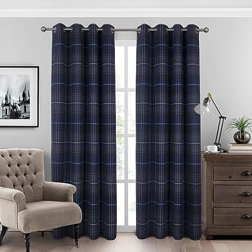 always4u 100% Blackout Curtains Check Eyelet Bedroom Tartan Curtain Plaid Brushed Cheque Pair of Highland Woolen Look Window Treatment for Living Room Navy Blue 46 * 72 Inches