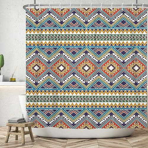 ASDCXZ Boho Duschvorhang 180x200 cm, Modern Kunst Boho Style Regel Geometrie Bunt Muster Bad Waschbar Duschvorhänge Polyester Textil Wasserdicht Badevorhang für Badewanne mit 12 Haken