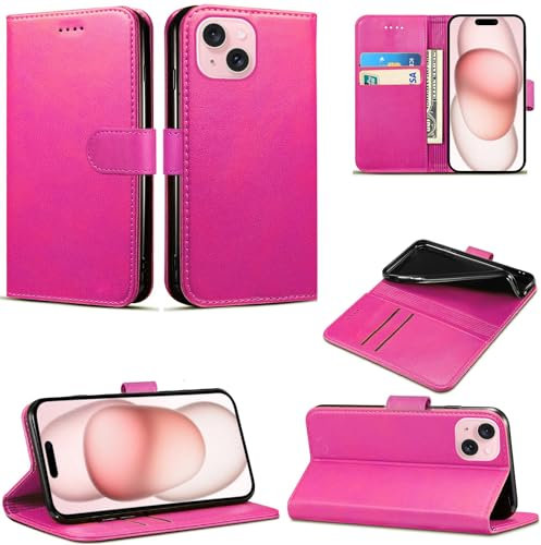 EKAM Case Compatible With iPhone 15 Leather Wallet Book Flip Folio Stand View Cover Magnetic Closure with Card Slots for Phone 15 [6.1 Inch] (Pink)