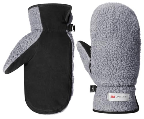 Harssidanzar Herren Winter Fäustlinge Outdoor Handschuhe Wildleder Fleece Thinsulate Winter Fäustlinge Lederhandschuhe SM040EU,Grau/Schwarz, Größe XL