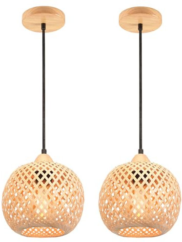 LIGKIN 2 Stück Pendelleuchte Bambus Weben Kronleuchter Rattan Boho Style Bambus Lampenschirm Vintage Deckenlampe Dekoration Deckenleuchte für Restaurant, Wohnzimmer, Küche, Café