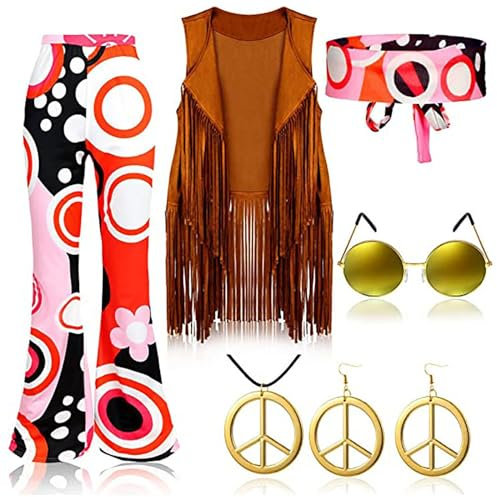 Damen Mardi Gras 80s Hippy Party Vintage Kostüm Fransen Weste + Hose + Stirnband + Ohrringe + Brille + Halskette 6-teiliges Set Kostüm Mottoparty Accessoires Kleidung Neon Party Karneval Fasching