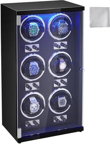 VEVOR Uhrenbeweger, Automatik-Uhrenbeweger, Watch Winder, Uhrenbeweger für Automatikuhren, Automatischer Uhrenbeweger mit Platz für 6 Uhren, LED Beleuchtung, 150–207 mm Einstellbare Riemenlänge