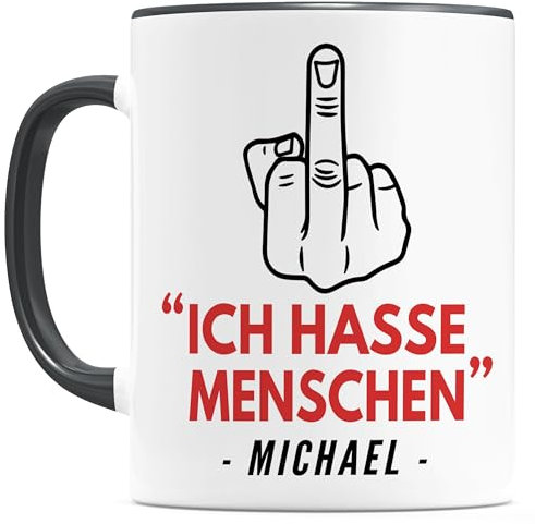 Mittelfinger Tasse Ich hasse Menschen mit Stinkefinger personalisiert mit Name Kollegin Geschenk Kollege Kaffeetasse aus Keramik Schwarz 330 ml (Mittelfinger)