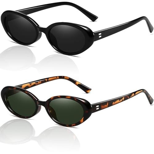 Kiimiipa 2pcs Vintage Sonnenbrille für Damen und Herren - Ovale Retro 90er Jahre UV400 Schutz (Schwarz + Leopard)