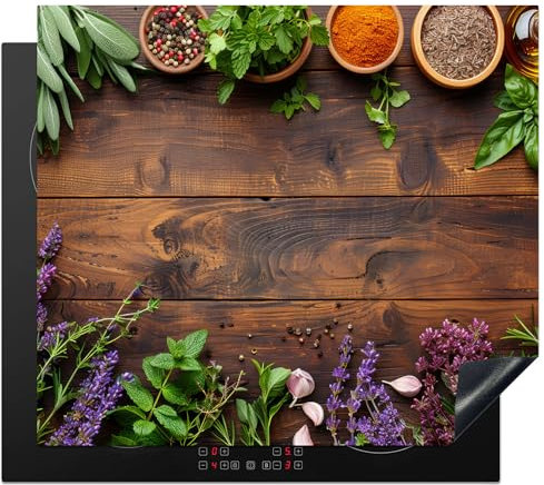 KitchenYeah© Herdabdeckplatte Einteilig Abdeckplatten Cerankochfeld Abdeckung Ceranfeld Herdplattenabdeckung Induktionsmatte Lavendel - Blumen - Kräuter - Gewürze - Holzschnitt - 60x52 cm