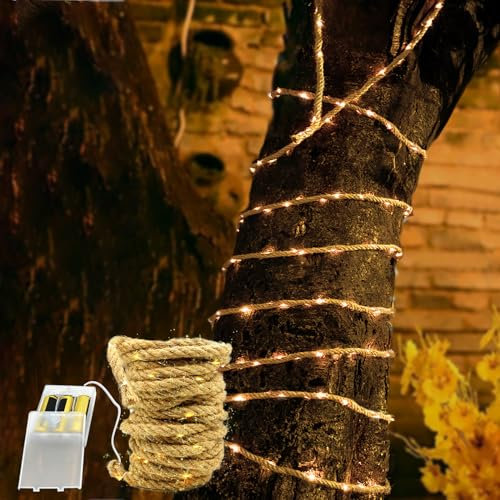 MEDOYOH 5M Rope Fairy Light Indoor of 100 LED, Hemp Rope String Lights Battery Power Rope Light Waterproof for Garden Patio Balcony Swing Trunk Decor