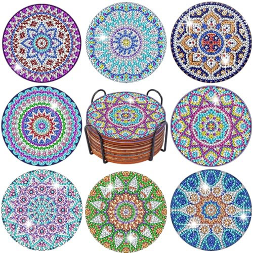 Feyiubmen Lot de 8 tampons de peinture diamant (10,2 cm), dessous de verre mandala avec un support en métal, sous-verres de peinture diamant DIY pour enfants et adultes, cadeau d'anniversaire,