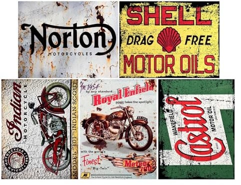 Vintage Classic Bike Sign Collection (5 pack), Garage Signs, Gift for Him, Home Pub, Indoor and Outdoor