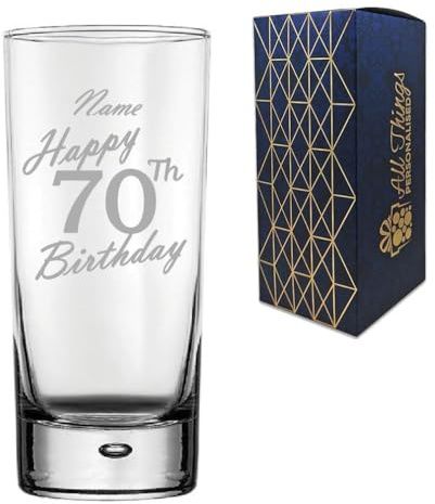 Personalised Engraved Vodka Hiball Glass, Happy 70th Birthday Handwritten Design, Rum Glass, 13oz or 365ml Capacity, Customise with Any Name, Gift Boxed