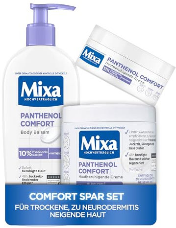 Mixa Panthenol Comfort Set: 3er Pack | Hautberuhigende Creme (400ml) + Body Balsam (250ml) + Gesichtscreme (150ml) | Lindert Trockenheit, Juckreiz, Rötungen & Raue stellen | Für empfindliche Haut