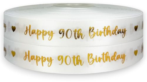My Ribbon Laces Satinband zum 90. Geburtstag, mit goldenem Wirbelmuster, 2 m x 25 mm, dekoratives Band für Kuchen, Geschenkverpackungen, Karten und Bastelarbeiten