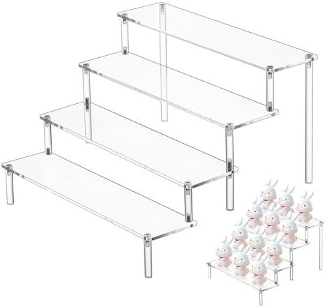 HMIEPRS Soporte de Exhibición Acrílico de 4 Niveles, Estante Escalera de Acrílico Transparente, Organizador Exhibidor para Figuras Magdalena Perfumes Cosméticos Joyería Postres (30x27x20 cm)