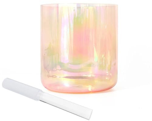 Orange Clear Crystal Singing Bowl 7 Inch D Note for Yoga Meditation Sound Healing Alchemy Bowl with Quartz Striker & O ring Cosmic Light Vibration