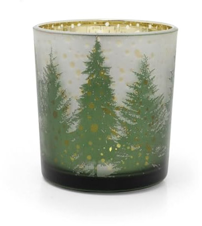 Christmas Forest Tealight Holder | Frosted Glass Silhouette Christmas Candle Holder with Gold Accents | Xmas Tea light Votive Pot Candle Gifts - 8cm
