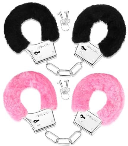SATINIOR Handschellen aus Metall mit 2 Schlüsseln Plüschtier Handschellen aus Pelzigem Fell aus Metall Polizei Kostümzubehör für Kinderparty Requisiten (Schwarz, Rosa)
