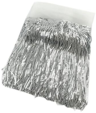 BrightGlow Fransenborte zum Nähen Pailletten-Ketten-Fransenborte 30CM Breite Trim Fransenband von The Yard Tanzfransen Pailletten Fransen Besatz für DIY Handwerk Kleidung Silber 1 Yard