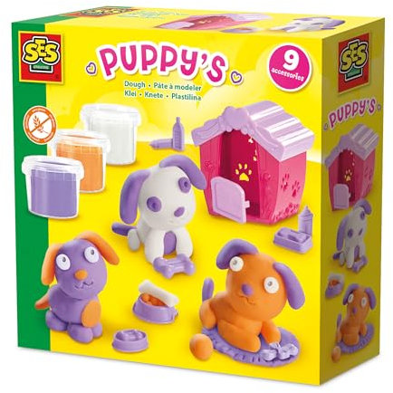 SES Creative 00505 Welpen mit Knete Formen - Gestalte Deine eigenen Tierfreunde - Inklusive 9 Zubehörteilen und Hundehütte - Für Kinder Ab 3 Jahren