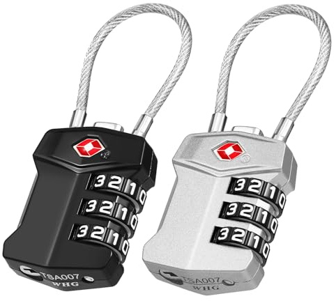 ZHEGE TSA Kofferschloss, Klein Gepäckschloss (2, Schwarz Silber) | 3 Stellig Zahlenschloss, Kabelschloss, Reiseschloss, Handtaschen, Golftaschen, Fitnessstudios, Werkzeugkästen, Weiße Zahlen