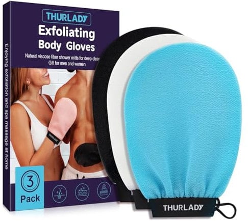 THURLADY Korean Exfoliating Mitt, Deep Exfoliating Glove, 3pc Body Exfoliator Glove, Body Scrubber Exfoliator, Bath Shower Scrub Gloves, Self Tan Remover, Smooth Skin, Keratosis Pilaris Removal