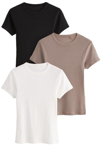 THE SET Damen t gerippte Kurzarm-T-Shirts, 3er-Pack Schwarz/Taupe Braun/Weiß S