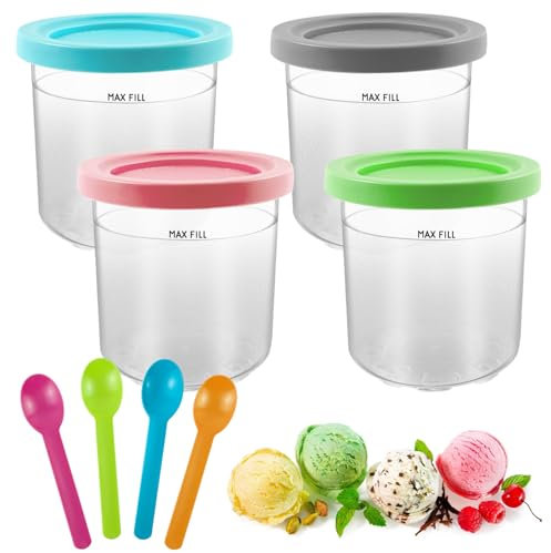 4 PCS Bacs à Crème Glacée pour Ninja Creamy avec 4 Cuillères Compatibles Ninja Sorbetières NC301 NC300 NC299AMZ Série Sans BPA Et Lave-Vaisselle, Bacs À Crème Glacée avec Couvercle Et Cuillère