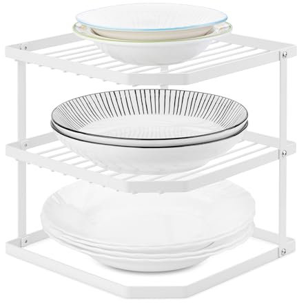 QIWODE Estante de platos para armario, estante de esquina de cocina de 3 niveles, organizador de estante de almacenamiento y organización de armario de cocina, color blanco