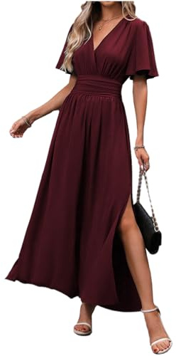 LUVCES Femme Robe Elegante Col en V Taille Haute Robe Longue d'été Plissée Manches Papillon Fente Latérale Froncée Robes pour Soirée Mariage Fête