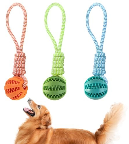 GmwyCzV 3 Stück Hundespielzeug,5cm Hundespielzeug Ball mit Seil Naturkautschuk Ball,Interaktives Hundeball Spielzeug,Kauspielzeug für kleine mittlere große Hunde für Zahnpflege (Blau Orange Grün)