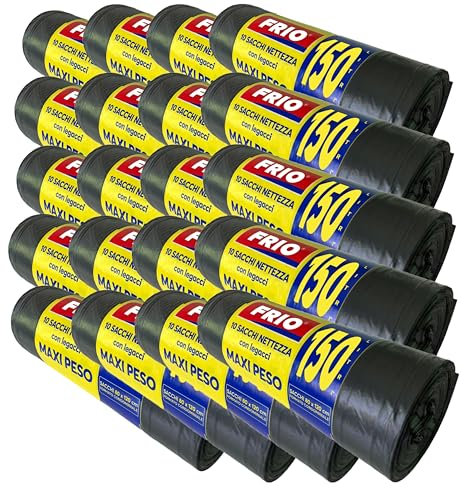 FRIO - 200 Sacs Poubelle Noirs Grands 150L, 80x120 cm | Lot Économique pour Collecte Sélective, Bacs à Déchets et Usage Extérieur | Multicouches, Résistants, avec Liens de Fermeture