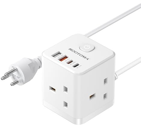 Thailand Travel Adapter with 1.5M Extension Cable 3 Way 4 Fast Charging USB (QC3.0/PD20W) Compact Cube UK to Thailand Plug Adapter, Type O