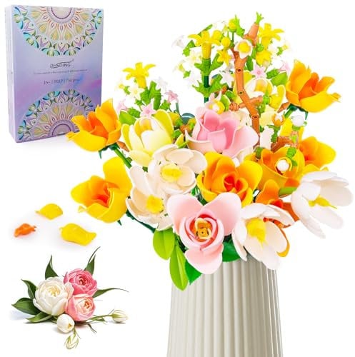 DHSDONLINE Blumenstrauß-Bausatz 750 Teile – Rosen & Tulpen aus Bausteinen, Kreatives DIY-Set für Deko & Geschenke, Botanische Kollektion für Valentinstag, Weihnachten & Geburtstag