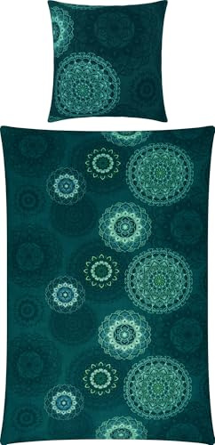 Erwin Müller Bettwäsche, Bettgarnitur Flanell - Mandala - mollig warm, temperaturregulierend, mit praktischem Reißverschluss - Petrol Größe 80x80 cm / 155x240 cm