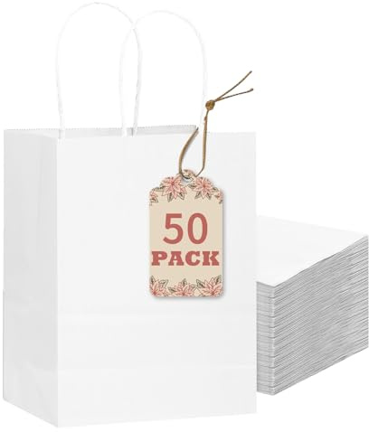 Gcardist 50-Packs White Paper Gift Bags with Handles Bulk 8.3x6x3.15 Small Size Party Favor Bags Multiple Uses