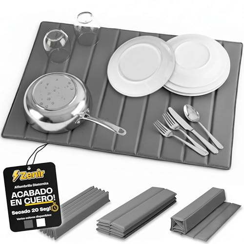Zenir Alfombra Diatomita Cocina de 60x40cm con Cubierta de Cuero Sintético | Alfombrilla Escurreplatos Diatomita Plegable de Secado Rápido | Alfombra Piedra Diatomita Cocina para Escurrir Platos