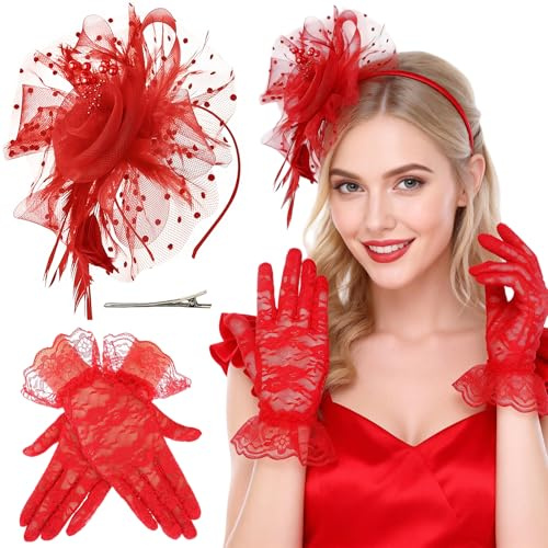 2 Stück Fasching Kostüm Damen Zubehör Set – Fascinator Rot Haarreif mit rotem Haarschmuck & roten Spitzenhandschuhen für Kölner Karneval, Party & Kostümfeste