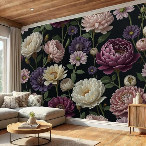DLERFLOVR Flowers in Bloom Wall Mural, 400x280cm Photo Wallpaper Silk Premium Art Print Poster Picture Design Peony and Chrysanthemum Wall Covering for Living Room Bedroom Kitchen, Purple