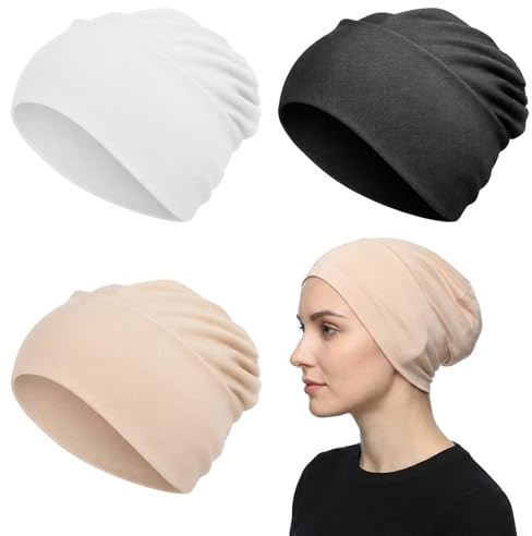 3 Pcs Women Hijab Undercap, Non Slip Hijab Cap, Solid Color Undercap Under Scarf for Women (Black, White, Khaki)