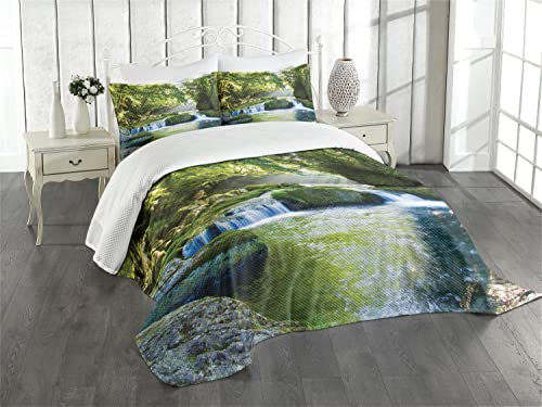 ABAKUHAUS Regenwald Tagesdecke Set, Laub Nebelgebirge, Set mit Kissenbezügen luftdurchlässig, für Doppelbetten 220 x 220 cm, Grün-gelb-blau
