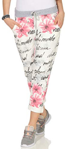 CLEOSTYLE Damen Jogginhose im Boyfriend-Style Sweatpants für Freizeit Sport und Fitness 9-2 (Beige/Schrift)