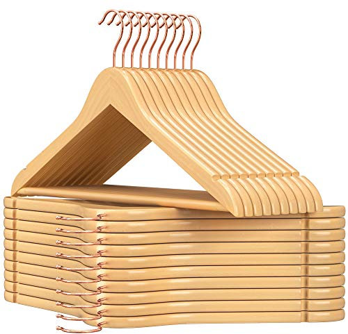 SONGMICS Kleiderbügel Holz, 20er Set, Bügel aus Massivholz, Einkerbungen im Schulterbereich, Rutschfester Hosensteg, um 360° drehbarer Haken, für Anzüge, Hemden, Holzfarben und Roségold CRW001N01