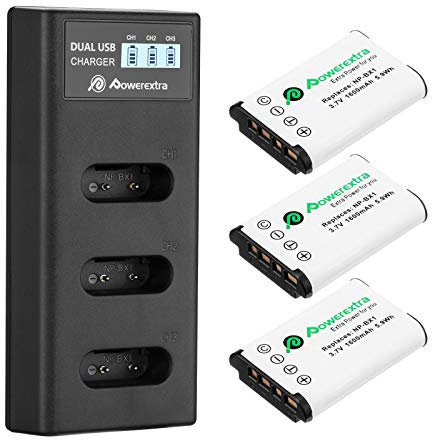 Powerextra 3 Packs NP-BX1 NP BX1 NPBX1 Battery and 3-Channel LCD USB Charger,Compatible with Sony NP-BX1 Sony CyberShot DSC HX90 HX95 HX99 RX100 WX350 HX400V HDR AS100V FDR X1000 X3000